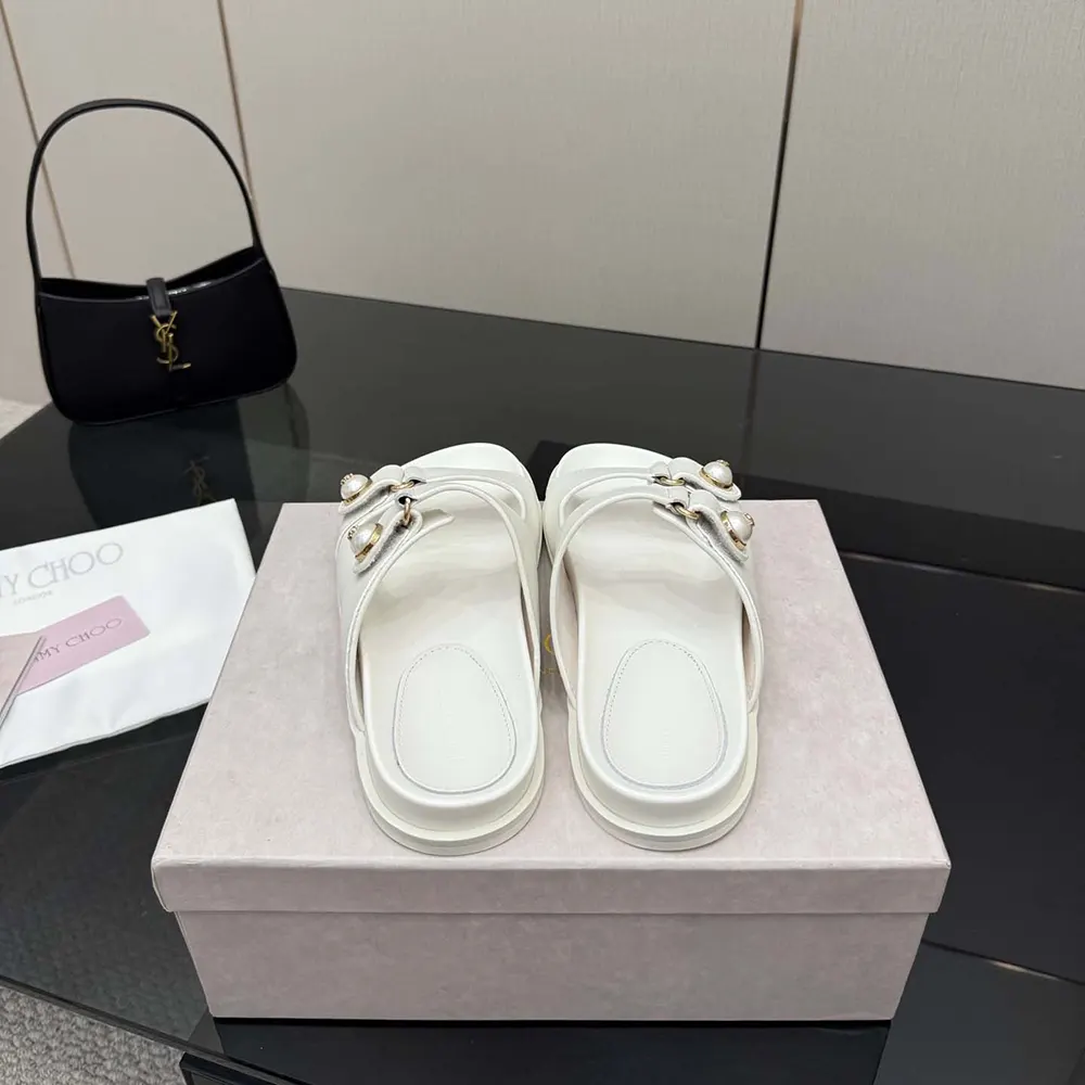 Jimmy Choo Women Fayence Sandal Latte Leather Flat Sandals with Pearl Embellishment - image 9