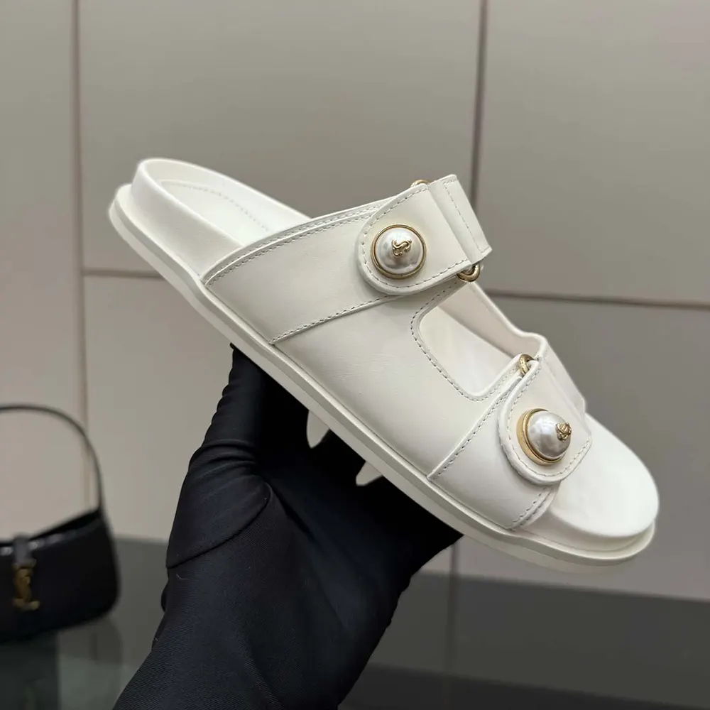 Jimmy Choo Women Fayence Sandal Latte Leather Flat Sandals with Pearl Embellishment - image 7