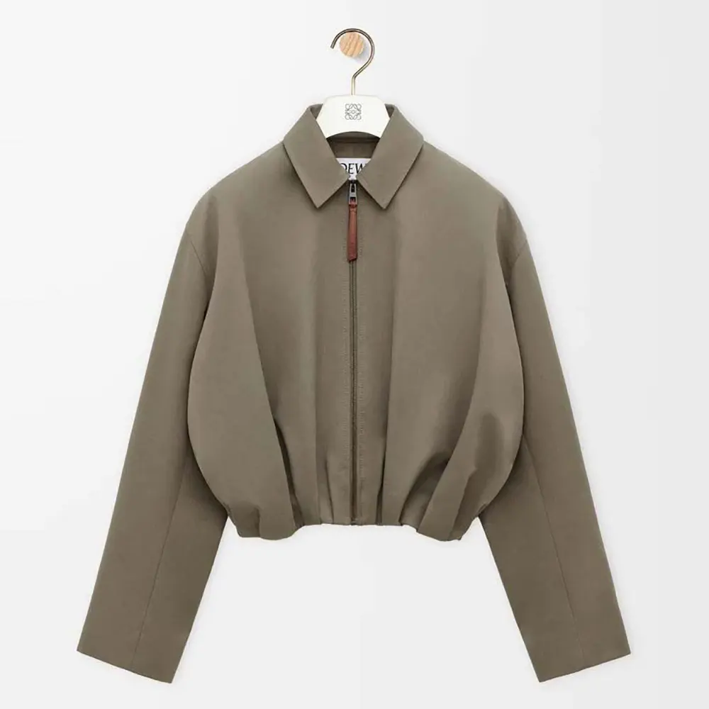 Front view of Loewe Women Draped Jacket in Cotton and Silk-Khaki Brown