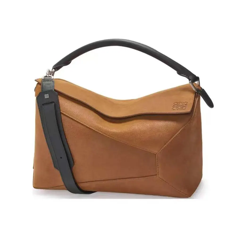 Front view of Loewe Unisex Puzzle Bag in Suede Calfskin-Brown