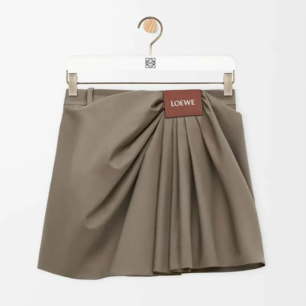 Front view of Loewe Women Draped Skirt in Cotton and Silk-Khaki Brown