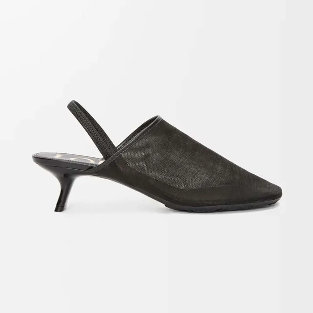 Side view of Loewe Women Petal Slingback Heel Sandal in Mesh-Black