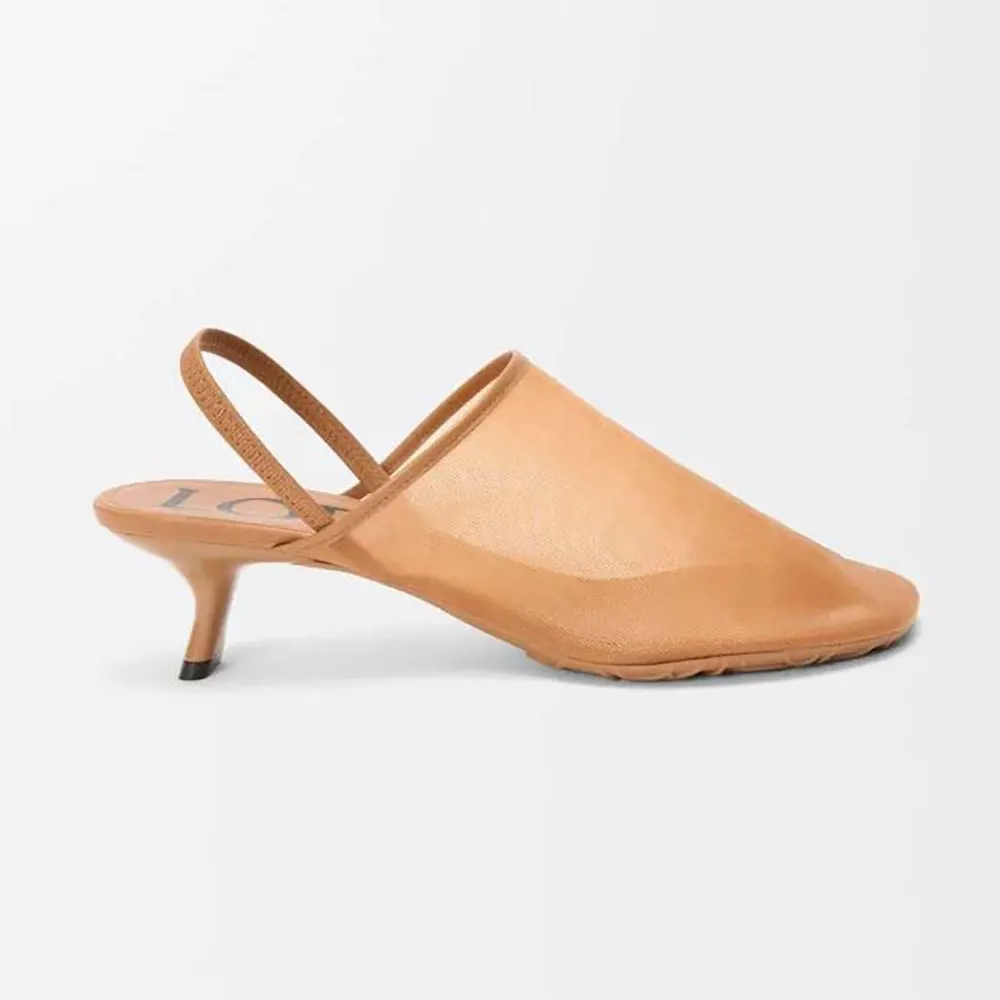 Side profile of Loewe Women Petal Slingback Heel Sandal in Mesh-Tan