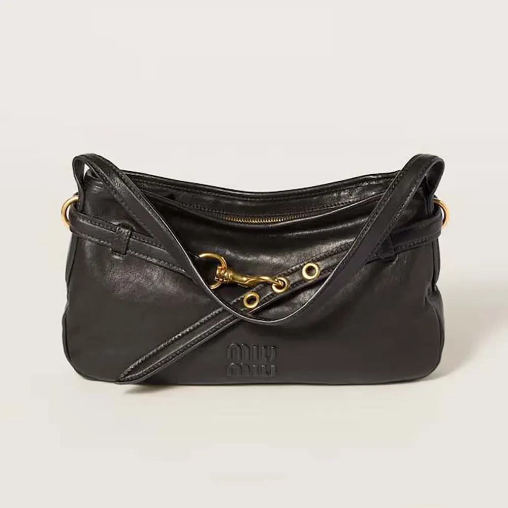 Front view of Miu Miu Women Aventure Nappa Leather Bag-Black with flap closure