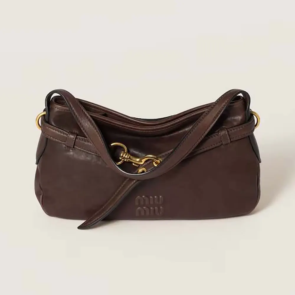 Front view of Miu Miu Women Aventure Nappa Leather Bag-Briarwood with flap closed