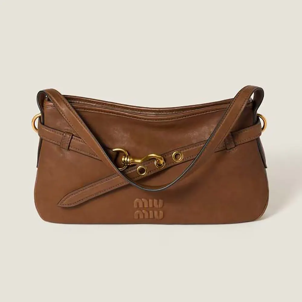 Front view of Miu Miu Women Aventure Nappa Leather Bag-Brown showing smooth leather