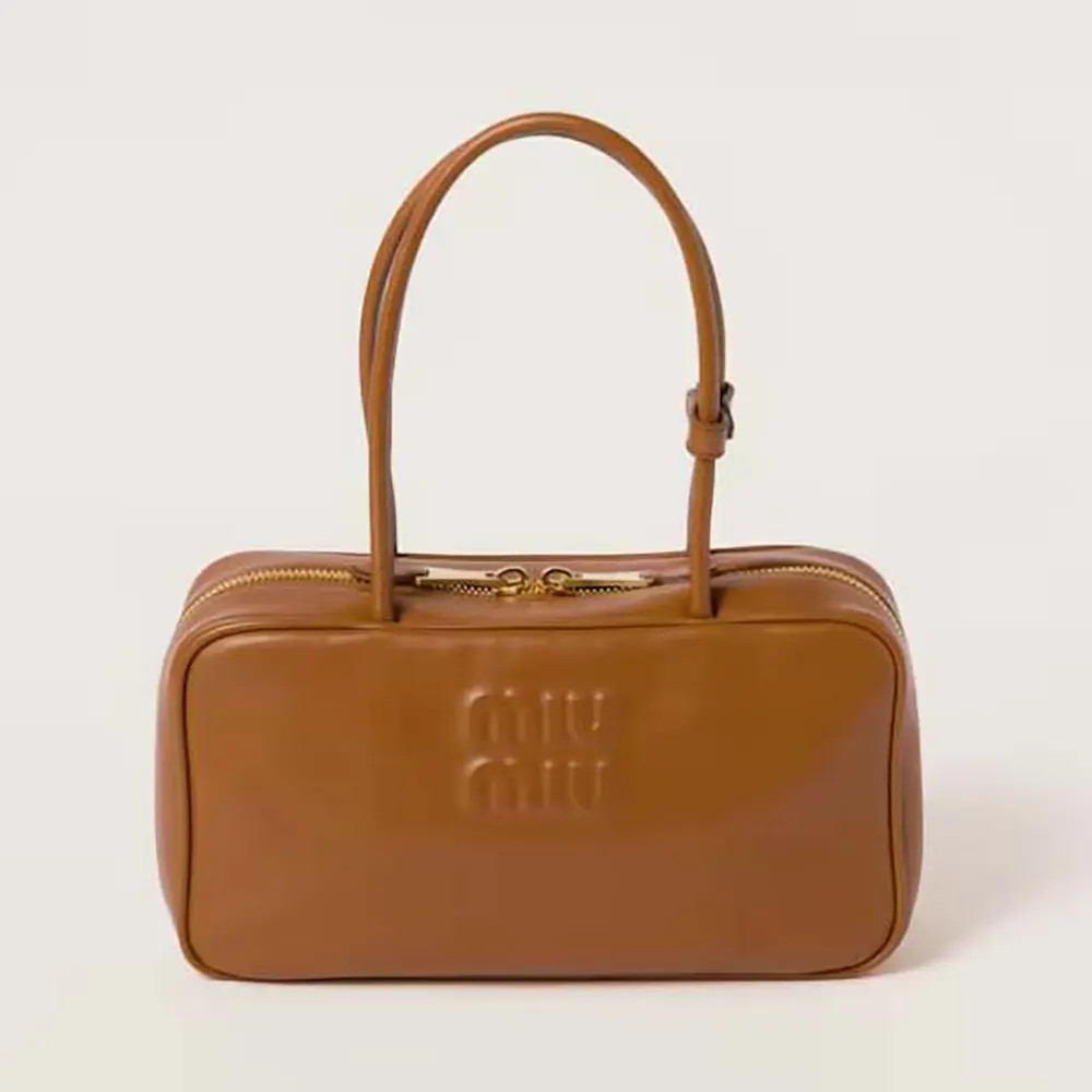 Front view of Miu Miu Women Beau Leather Top-handle Bag-Brown showcasing flap