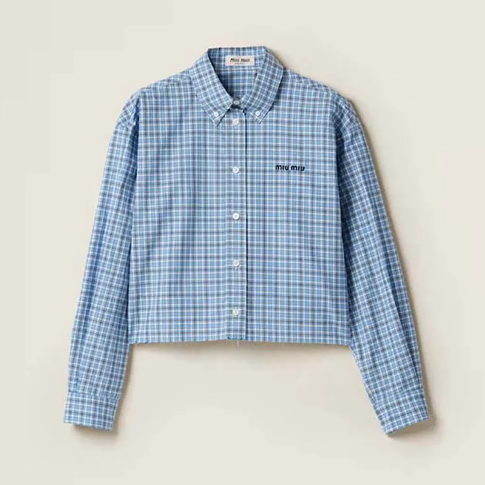 Front view of Miu Miu Women Checked Poplin Shirt in blue checks