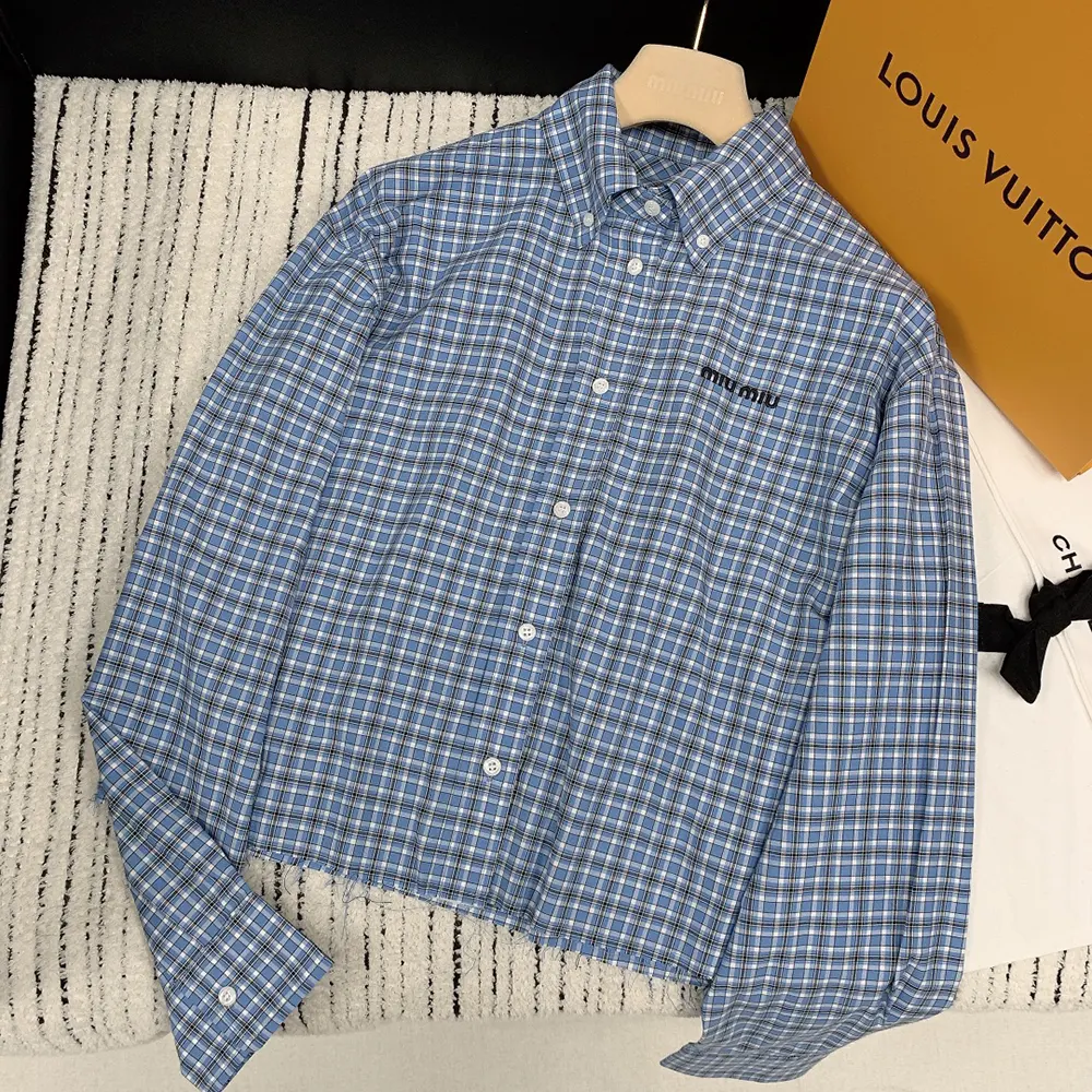 Side angle showing silhouette of Miu Miu Women Checked Poplin Shirt