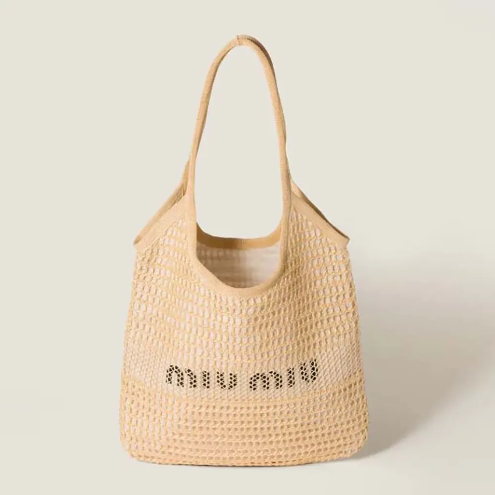 Front view of Miu Miu Women IVY Raffia-Effect and Linen Bag in natural colour