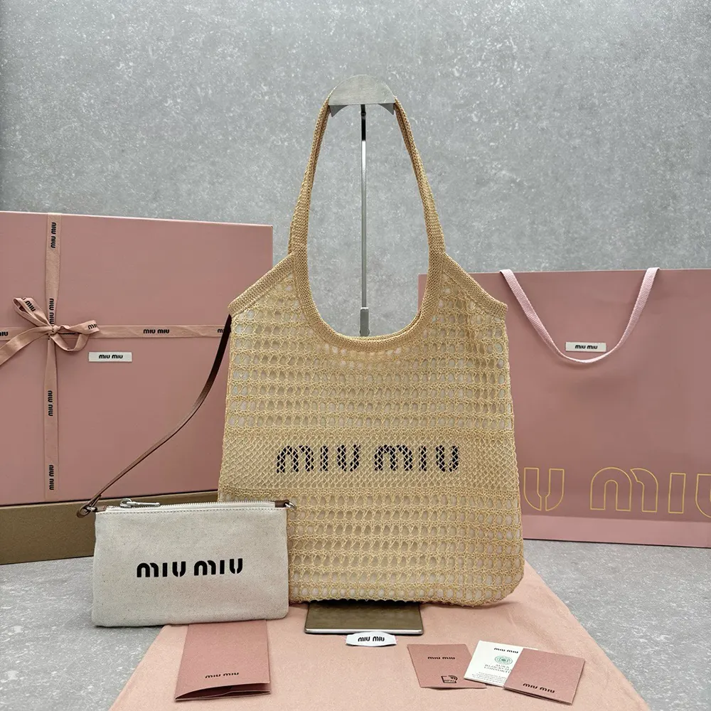 Close-up of gold-tone closure and raffia-effect texture on Miu Miu Women IVY Bag