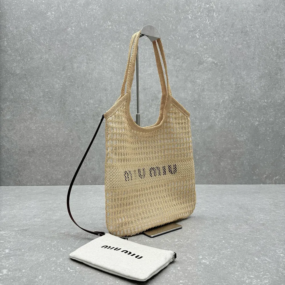 Miu Miu Women IVY Raffia-Effect and Linen Bag - image 4