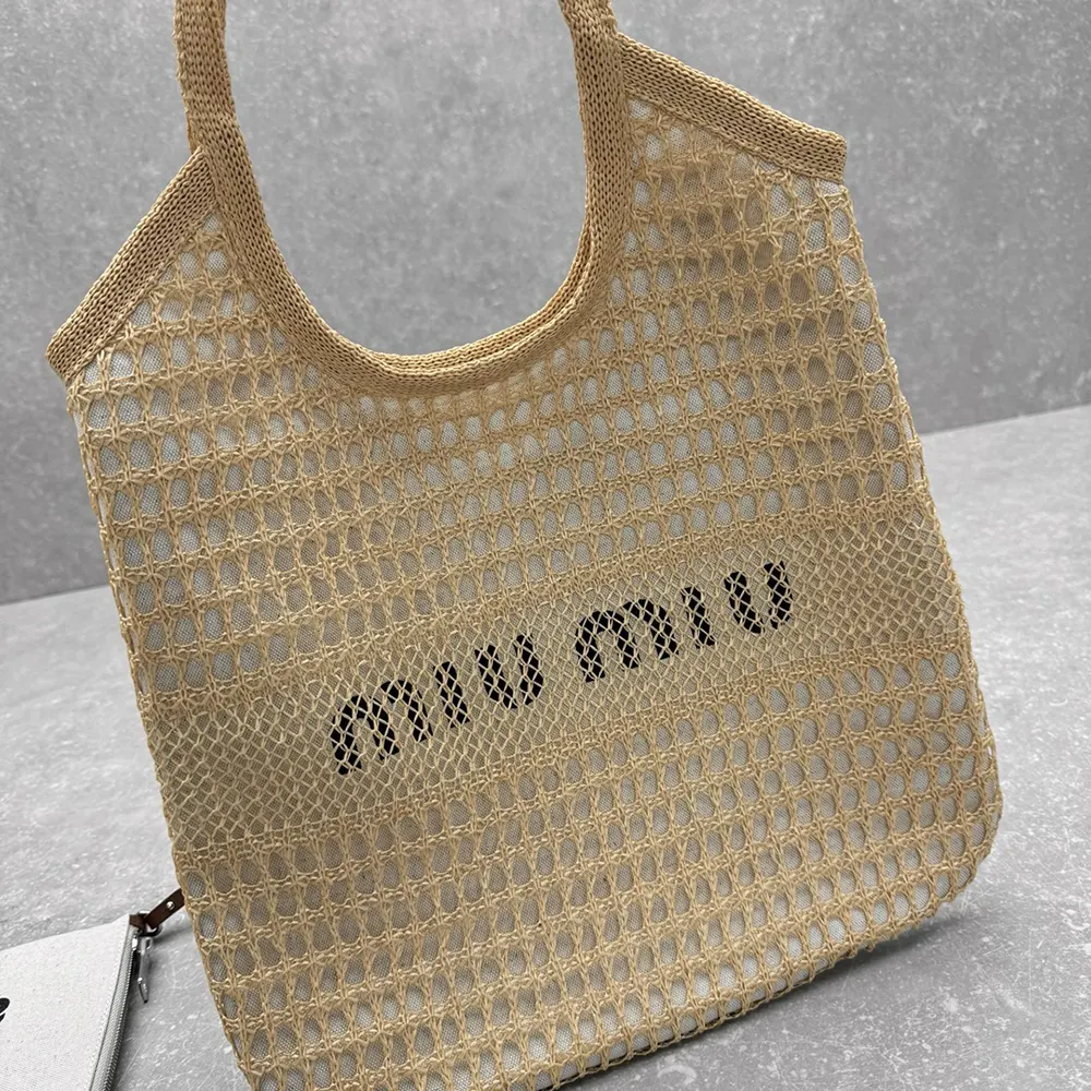 Miu Miu Women IVY Raffia-Effect and Linen Bag - image 10