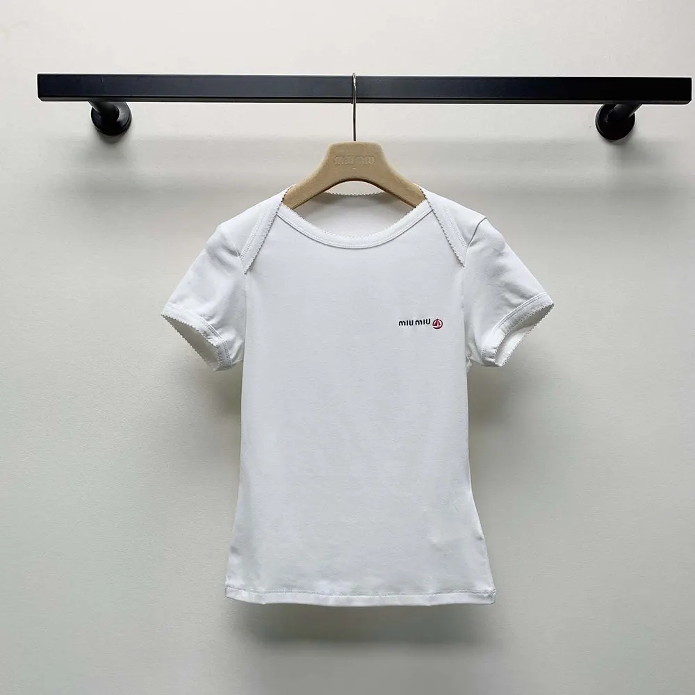 Close-up of embroidered logo detail on Miu Miu Women Petit Bateau X Miu Miu T-shirt