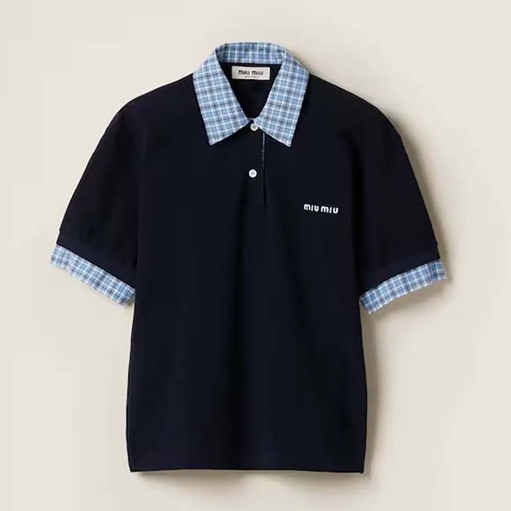Front view of Miu Miu Women Piqué and Poplin Polo Shirt in black