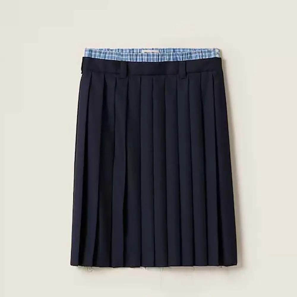 Front view of Miu Miu Women Pleated Batavia Midi-skirt in navy
