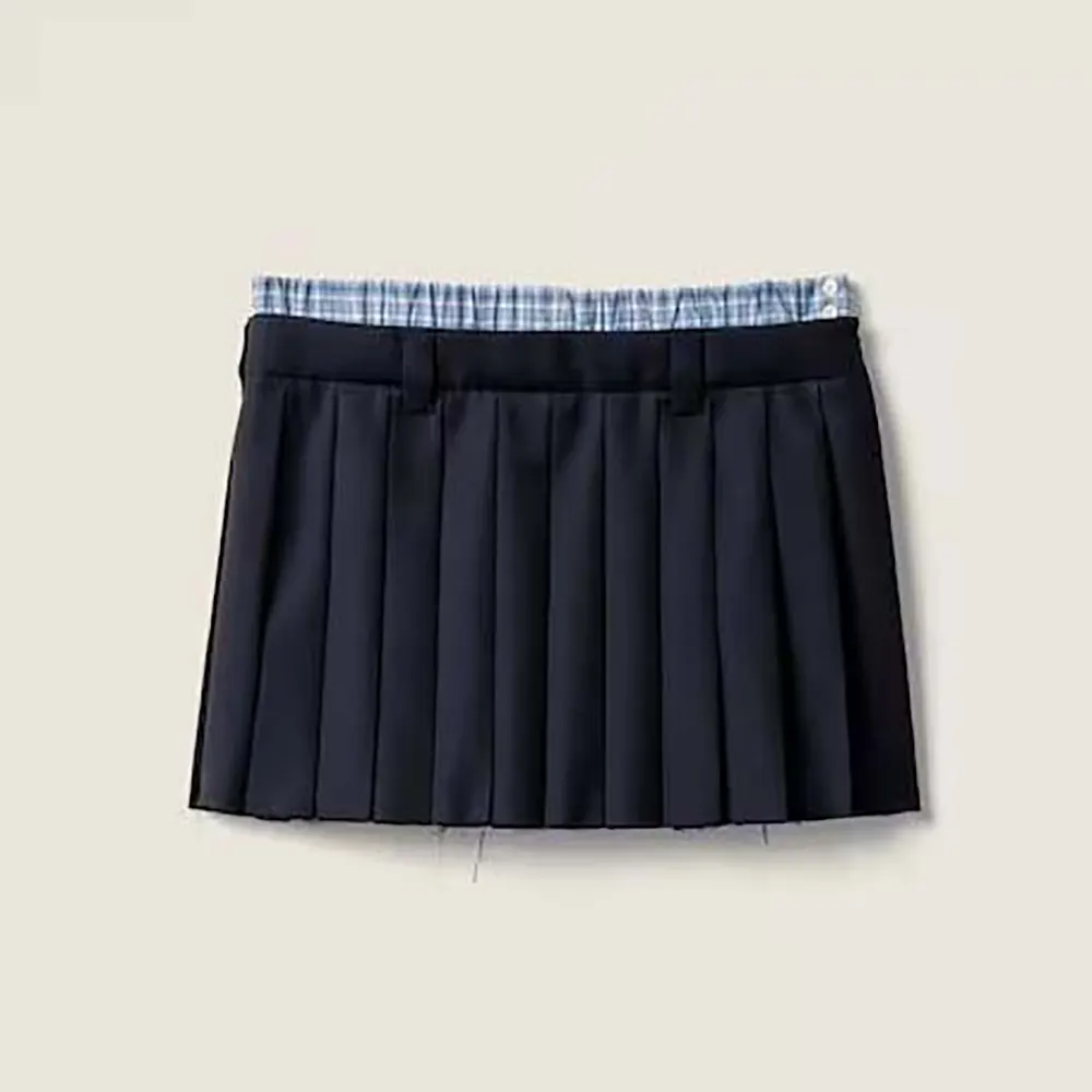 Front view of Miu Miu Women Pleated Batavia Miniskirt in navy