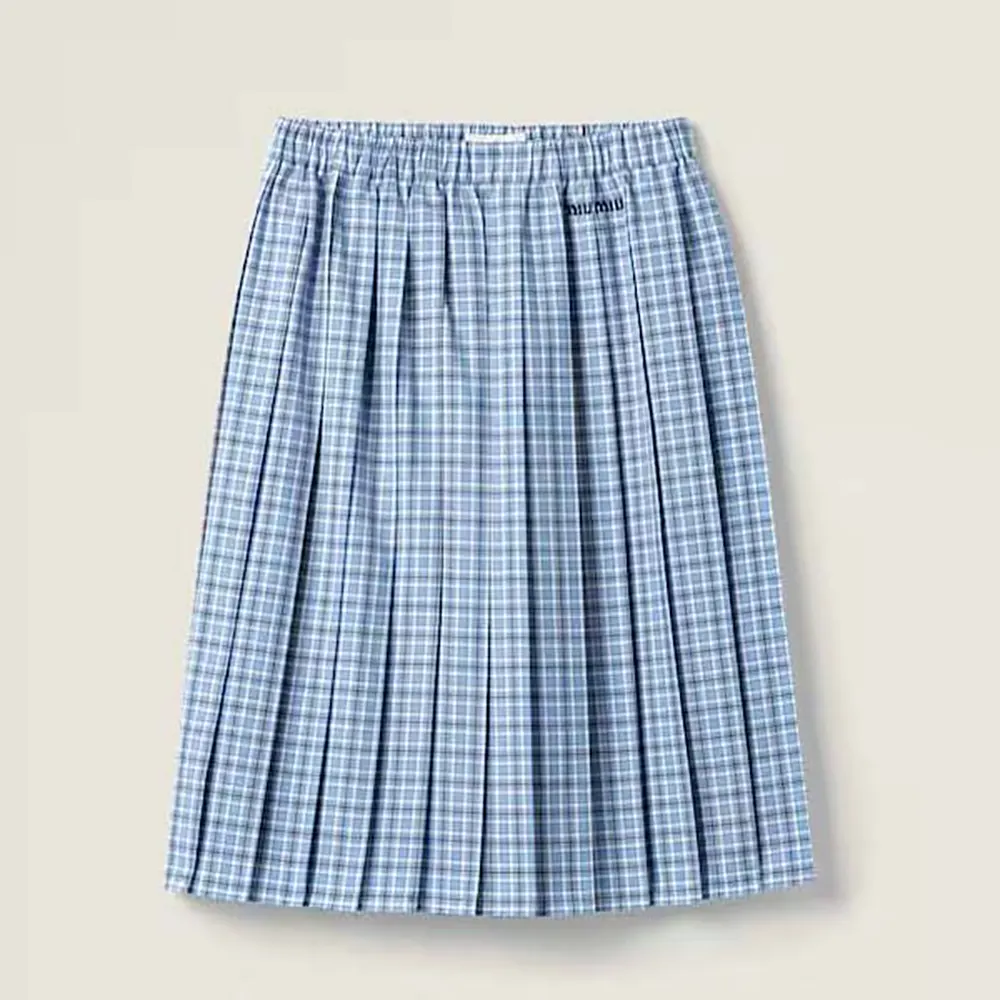 Front view of Miu Miu Women Pleated Check Skirt in blue check