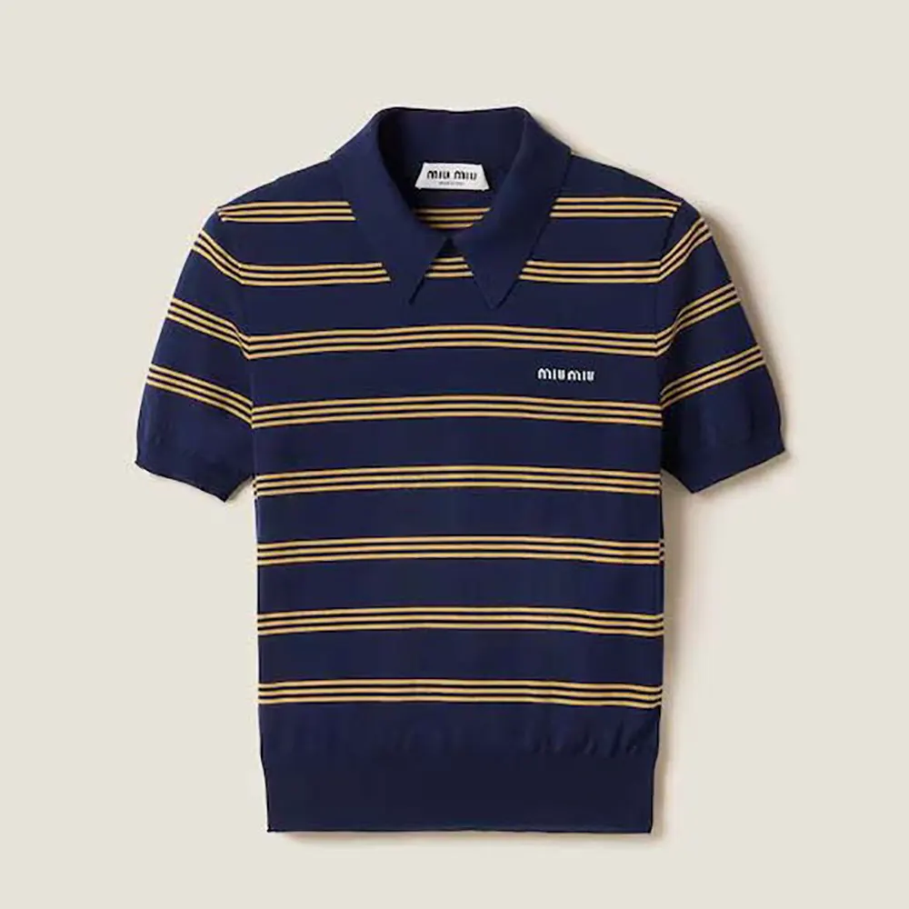 Front view of Miu Miu Women Striped Cashmere and Silk Polo Sweater