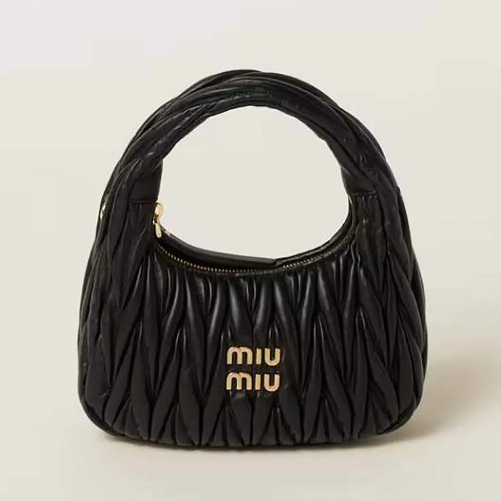 Front view of Miu Miu Women Wander Matelassé Nappa Leather Hobo Bag-Black