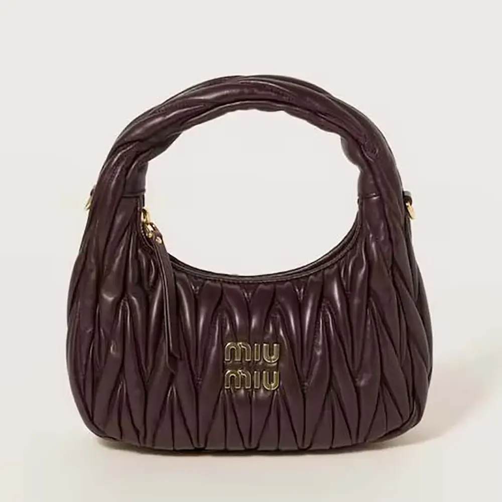 Front view of Miu Miu Women Wander Matelassé Nappa Leather Hobo Bag-Chocolate