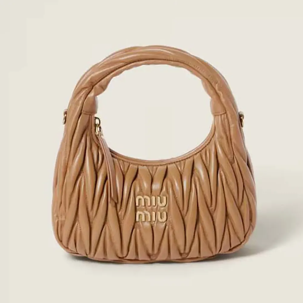 Front view of Miu Miu Women Wander Matelassé Nappa Leather Hobo Bag-Brown
