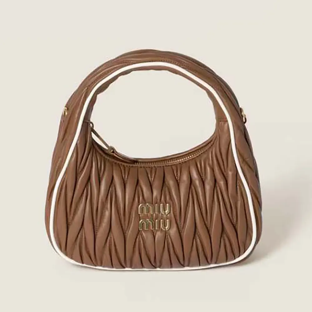 Front view of Miu Miu Women Wander Matelassé Nappa Leather Bag-Brown/White