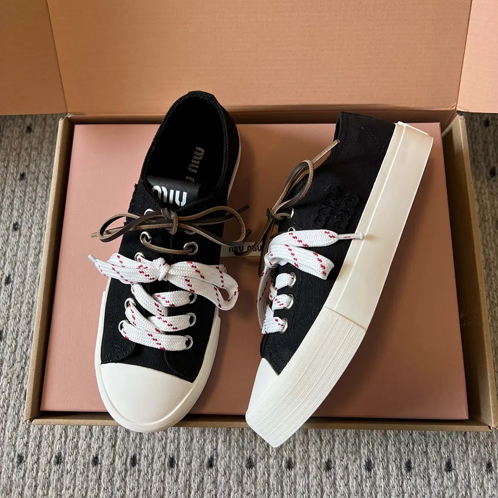 Miu Miu Women Washed Denim Sneakers-Black - image 4