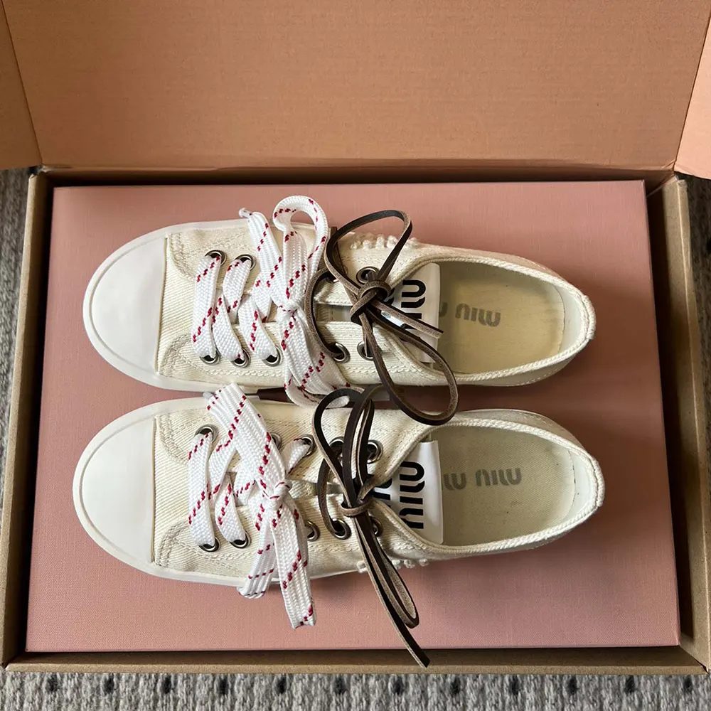 Top view of Miu Miu Women Washed Denim Sneakers-White displaying worn denim texture