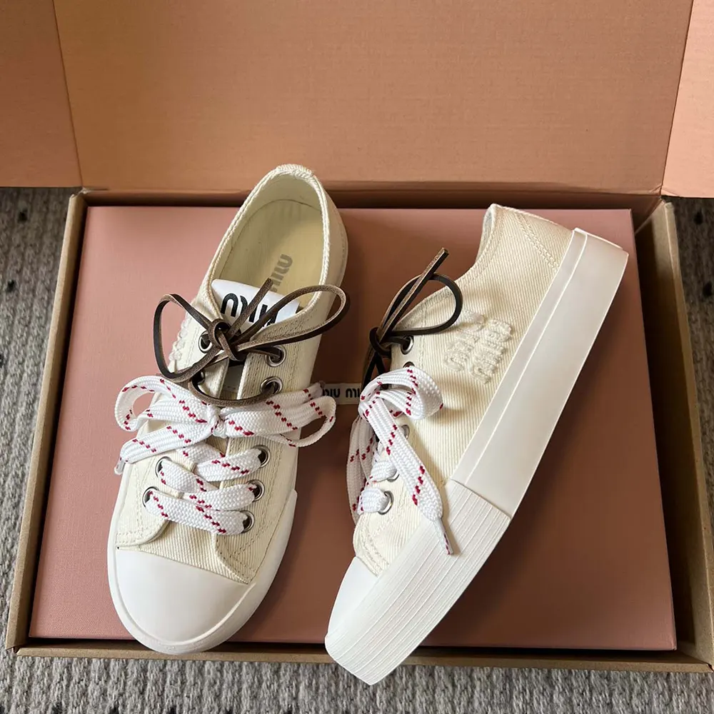 Miu Miu Women Washed Denim Sneakers-White - image 5