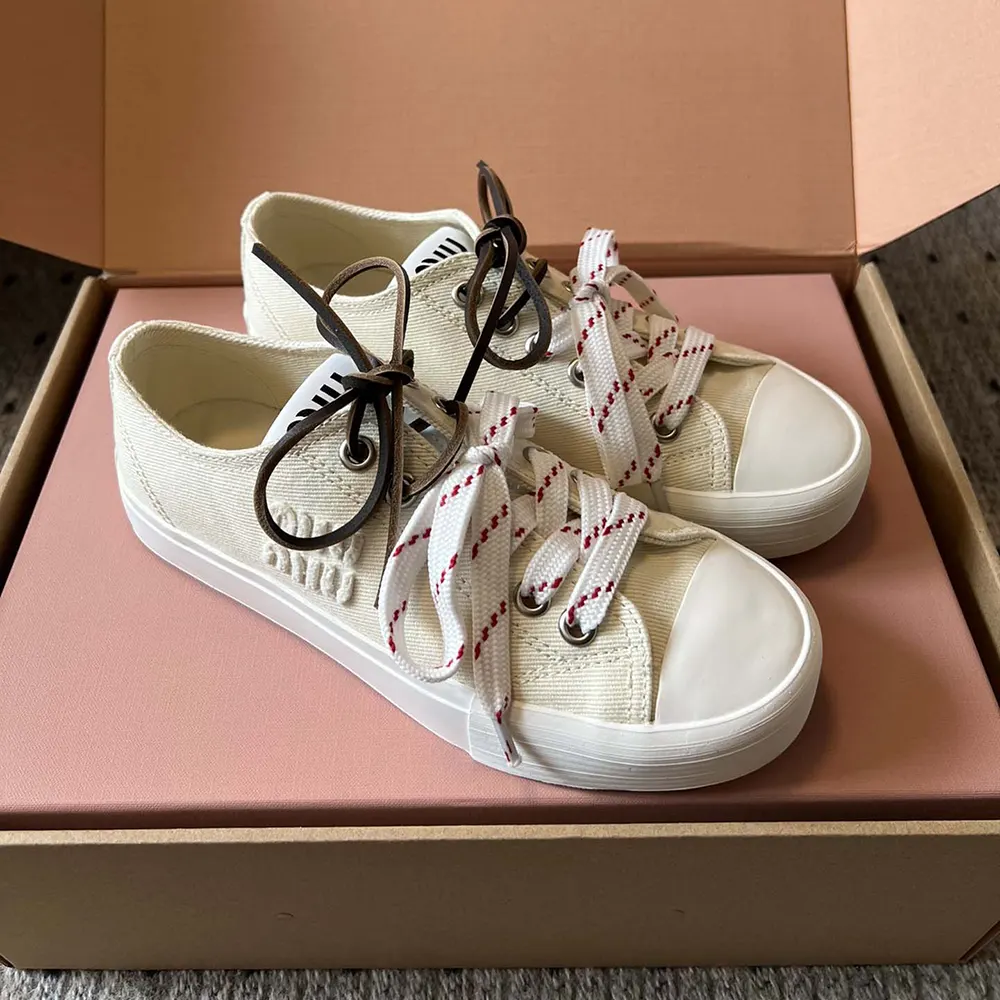 Miu Miu Women Washed Denim Sneakers-White - image 4