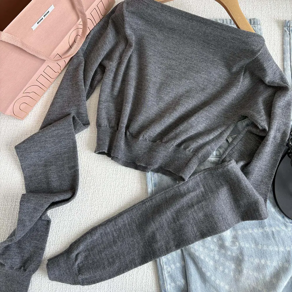 Close-up of silver wool texture on Miu Miu Women Wool Boat-neck Sweater