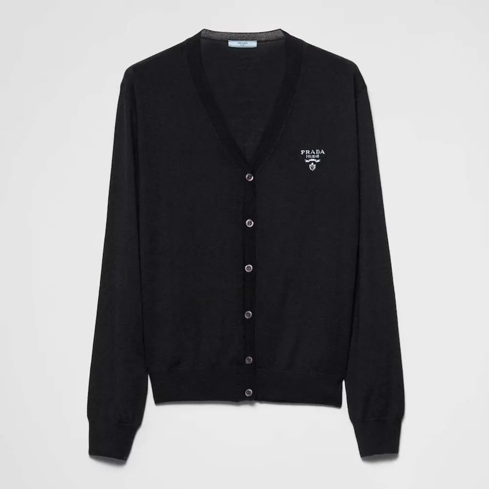 Front view of Prada Women Cashmere Cardigan-Black showing button closure