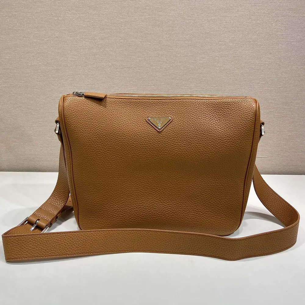 Side profile of Prada Unisex Leather Shoulder Bag-Brown highlighting adjustable strap