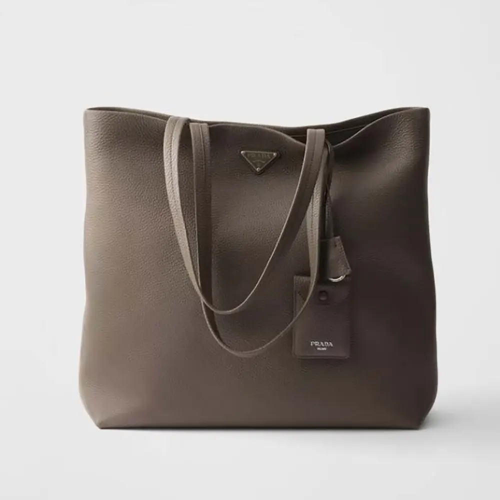 Front view of Prada Unisex Leather Tote-Bamboo Gray with bamboo handles