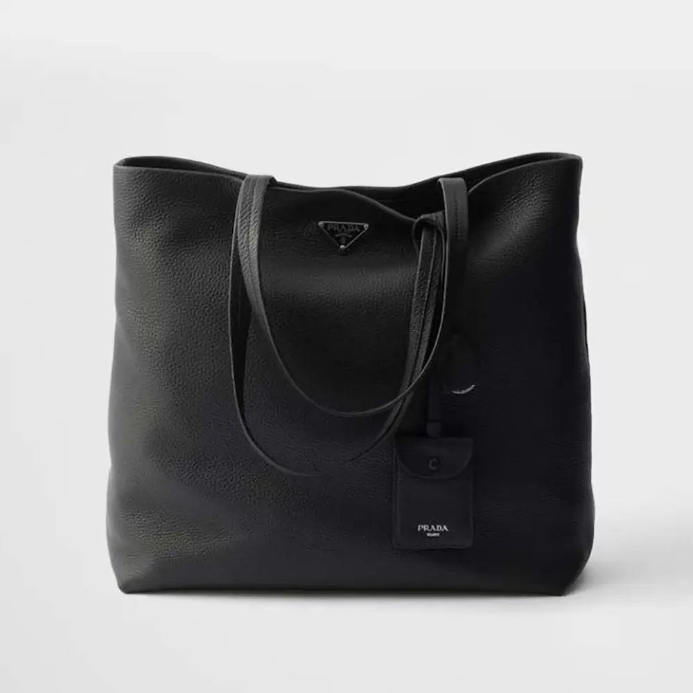 Front view of Prada Unisex Leather Tote-Black with zip closure