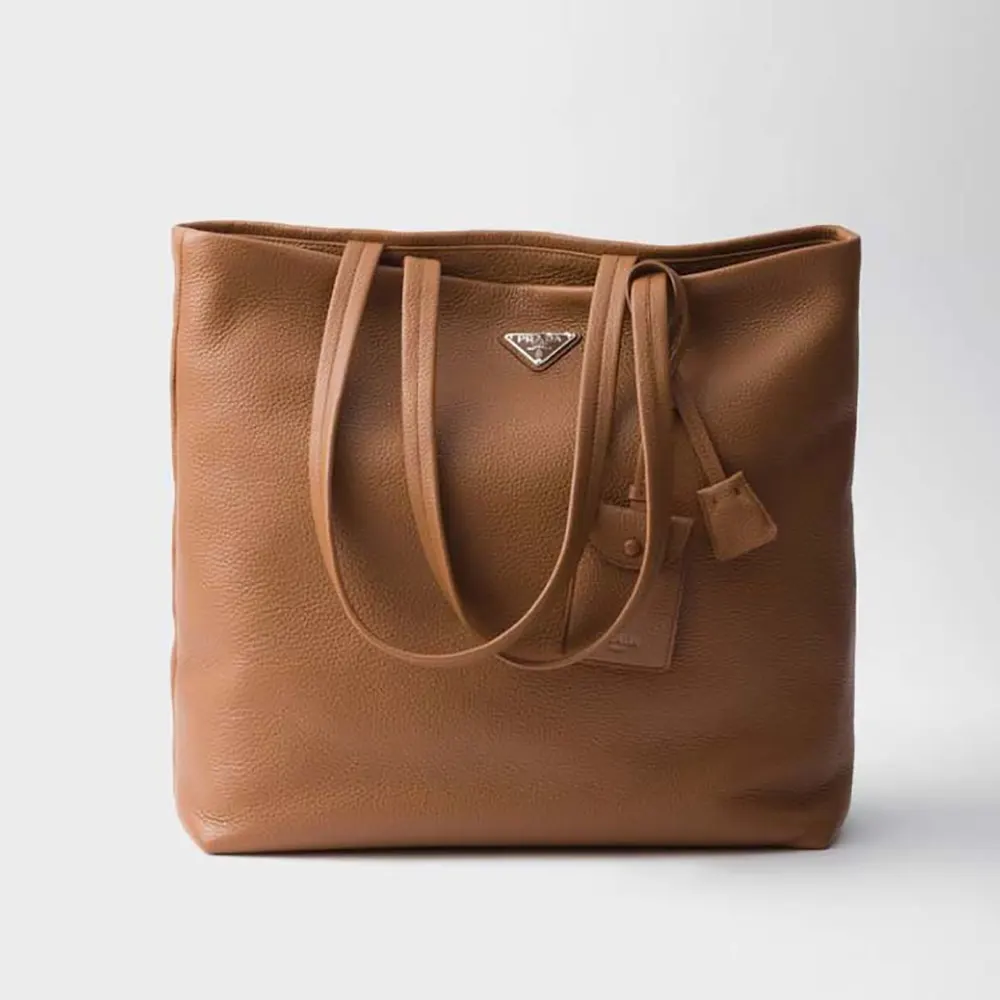 Front view of Prada Unisex Leather Tote-Brown with zip closure