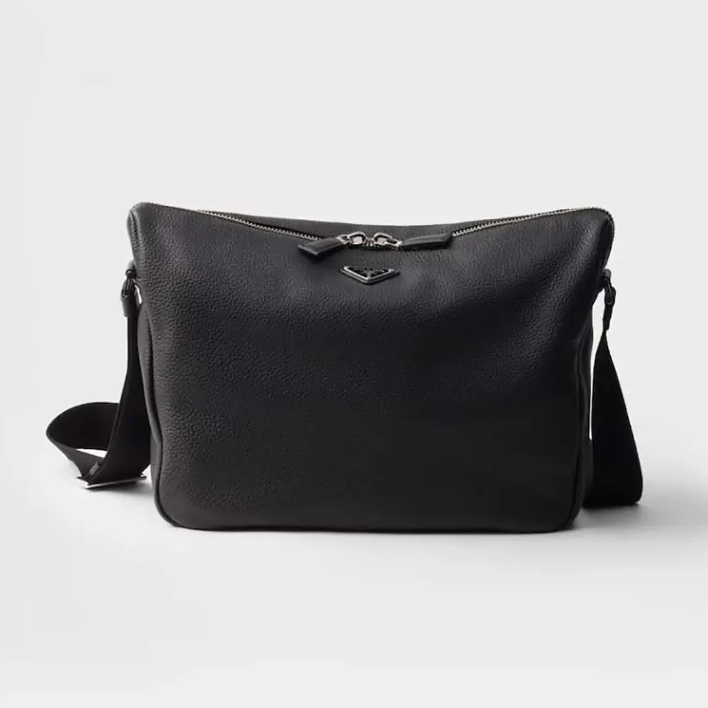 Front view of Prada Unisex Medium Leather Shoulder Bag-Black showing logo plaque