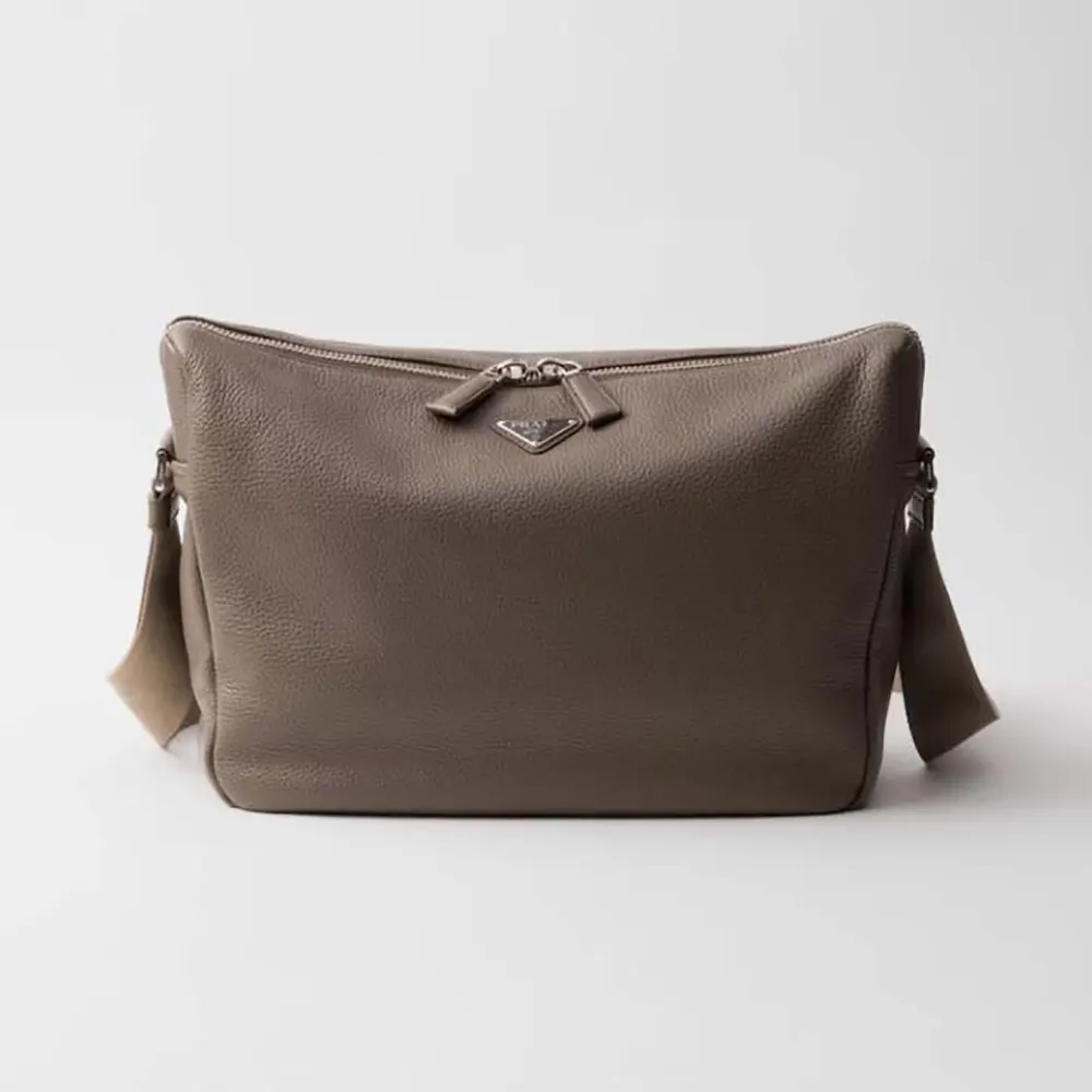 Front angle of Prada Unisex Medium Leather Shoulder Bag-Gray showing logo
