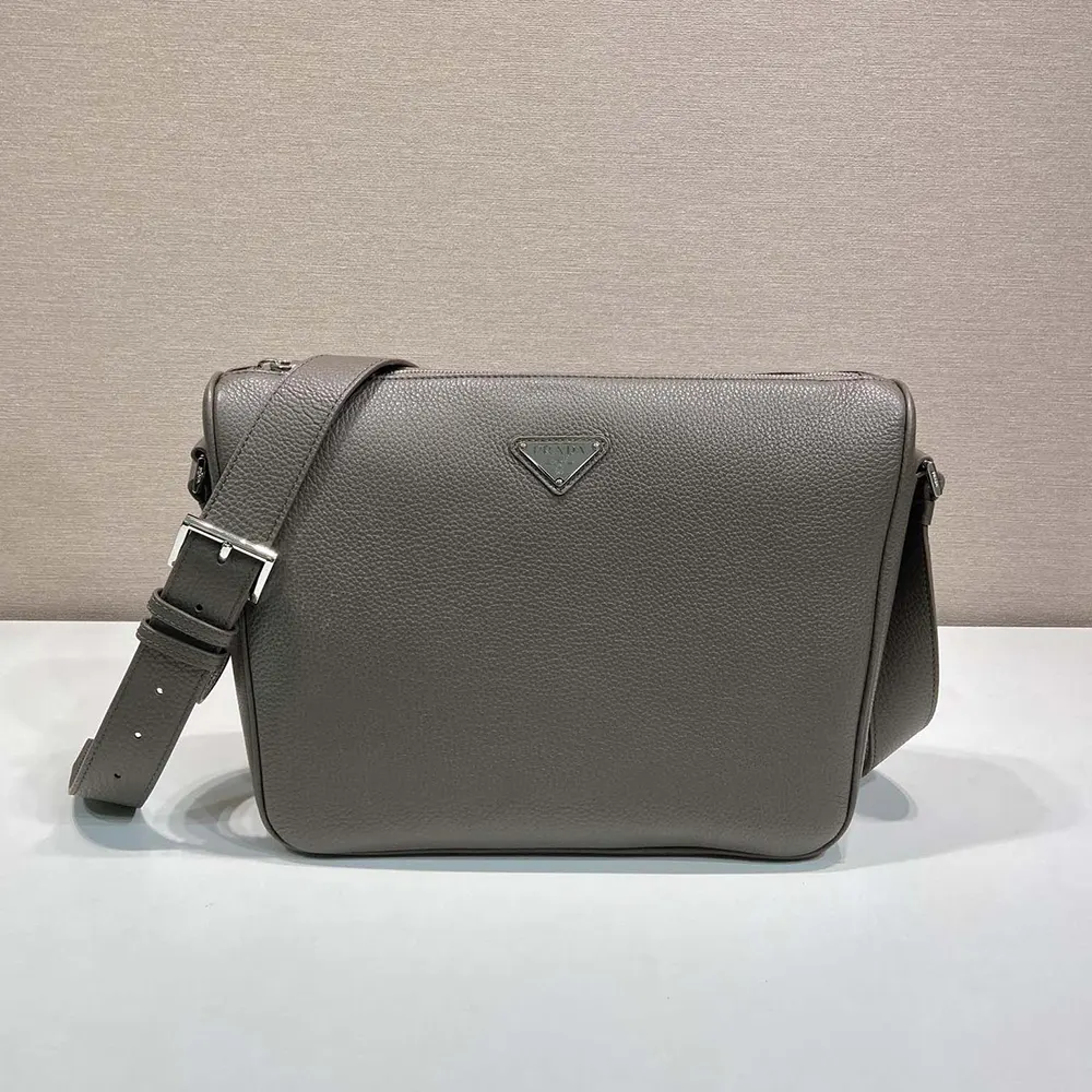 Close-up of silver hardware on Prada Unisex Medium Leather Shoulder Bag-Gray