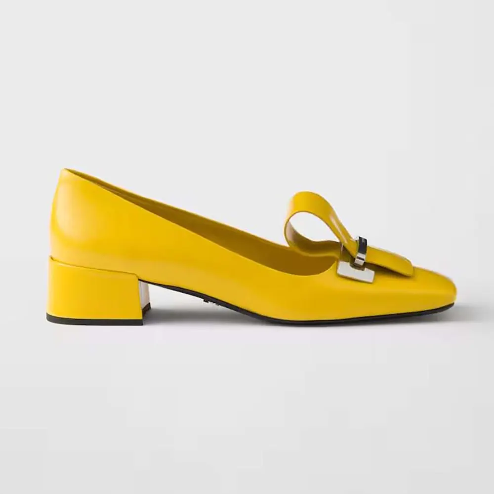 Side view of Prada Women Brushed Leather Pumps-Yellow with heel detail