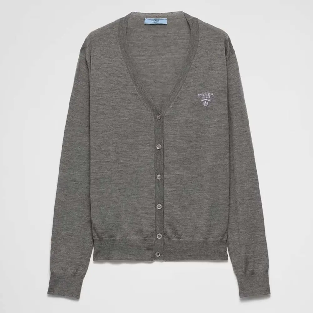 Front view of Prada Men Cashmere Cardigan-Gray showing button details