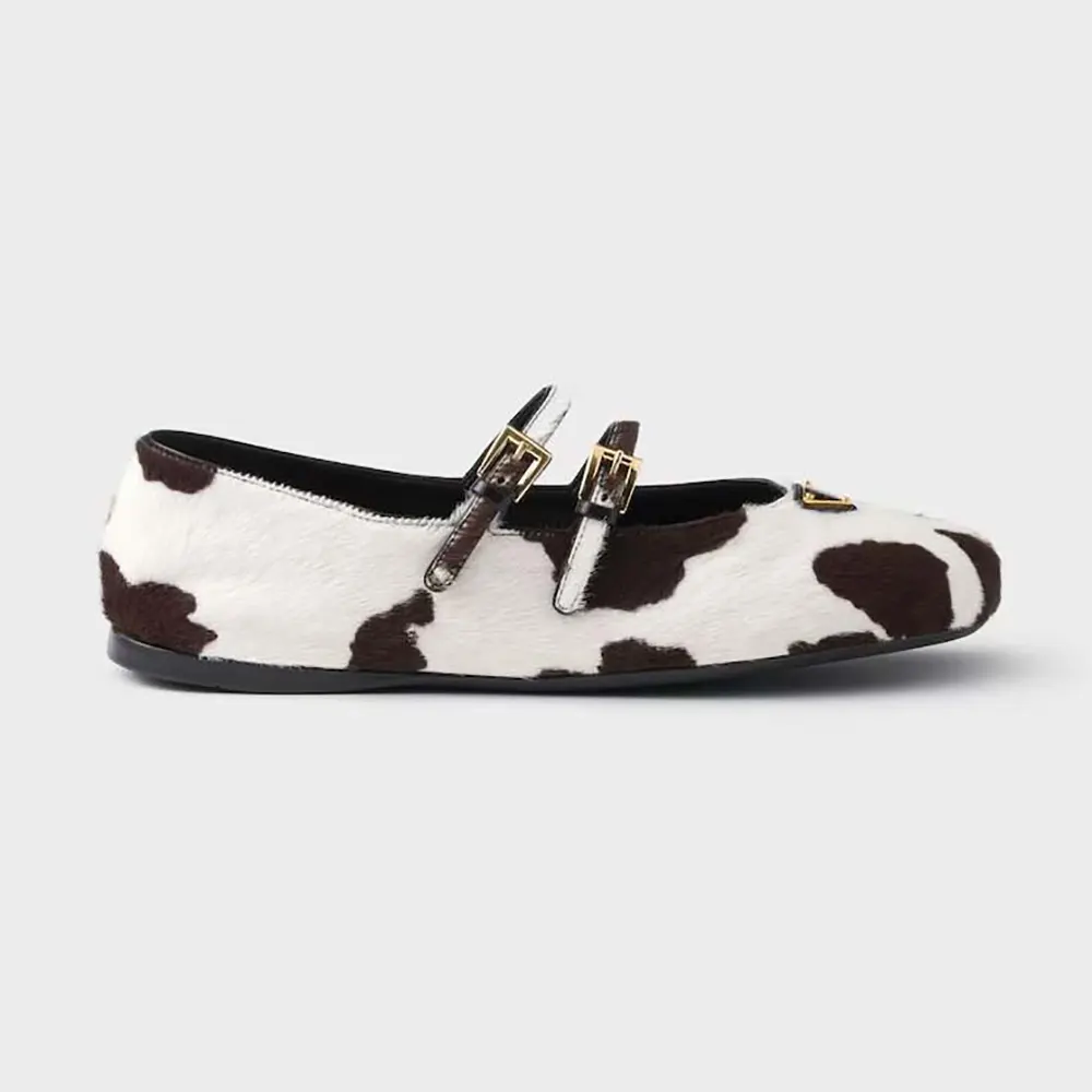 Side view of Prada Women Printed Leather Ballerinas in white