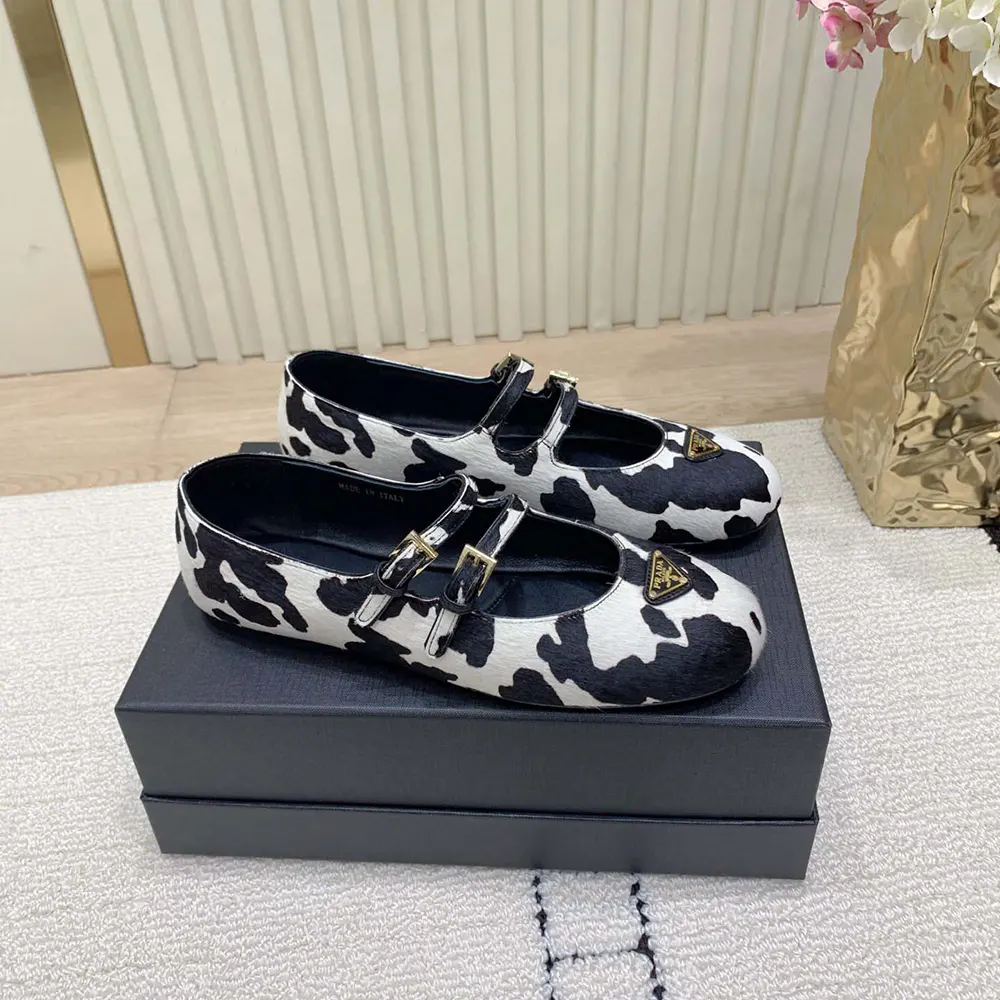 Top-down view showcasing silhouette and craftsmanship of Prada Women Printed Leather Ballerinas
