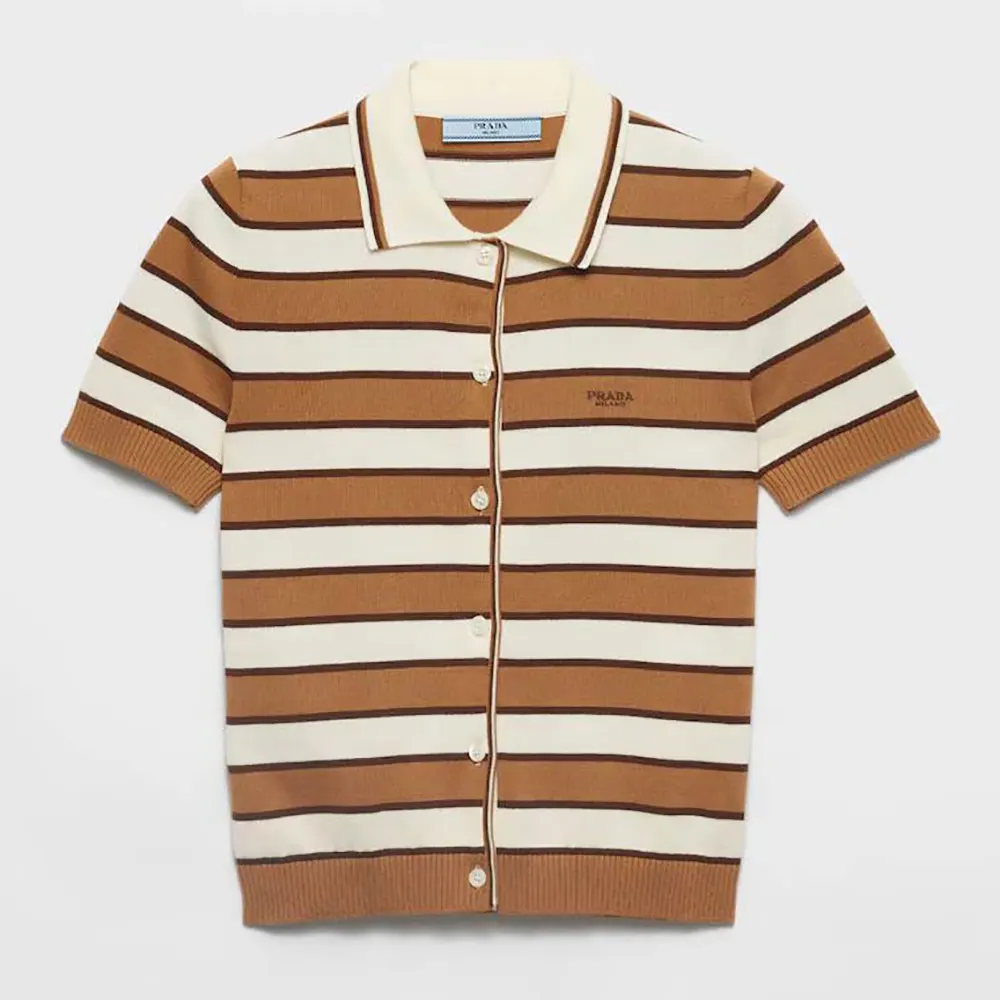 Front view of Prada Women Short-sleeved Striped Cotton Cardigan in brown