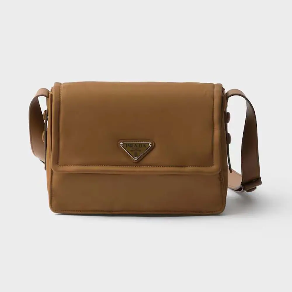 Front view of Prada Women Small Padded Re-Nylon Shoulder Bag-Brown