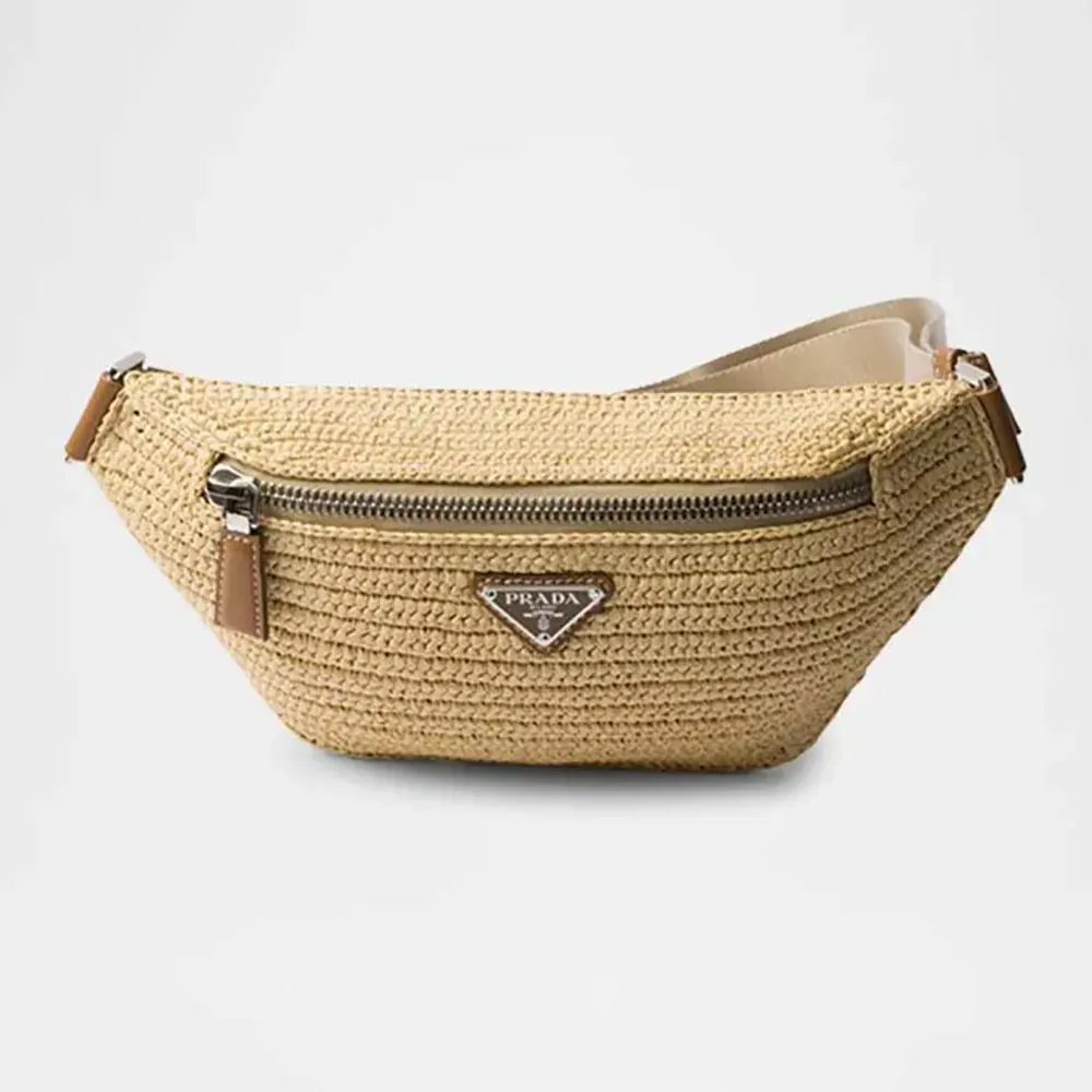 Front view of Prada Women Woven Crochet Belt Bag-Natural with zip closed