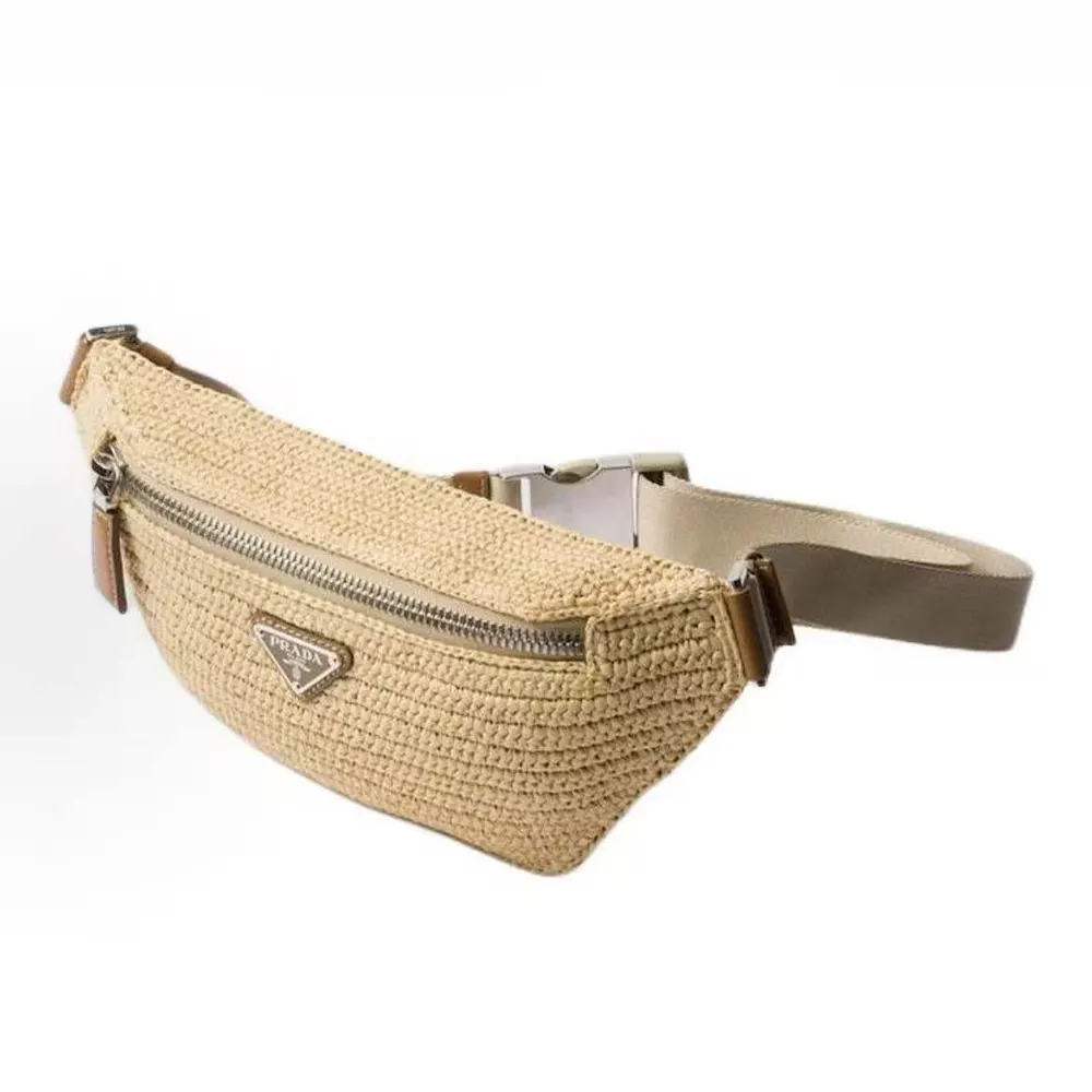 Side profile showing adjustable belt strap of Prada Women Woven Crochet Belt Bag-Natural