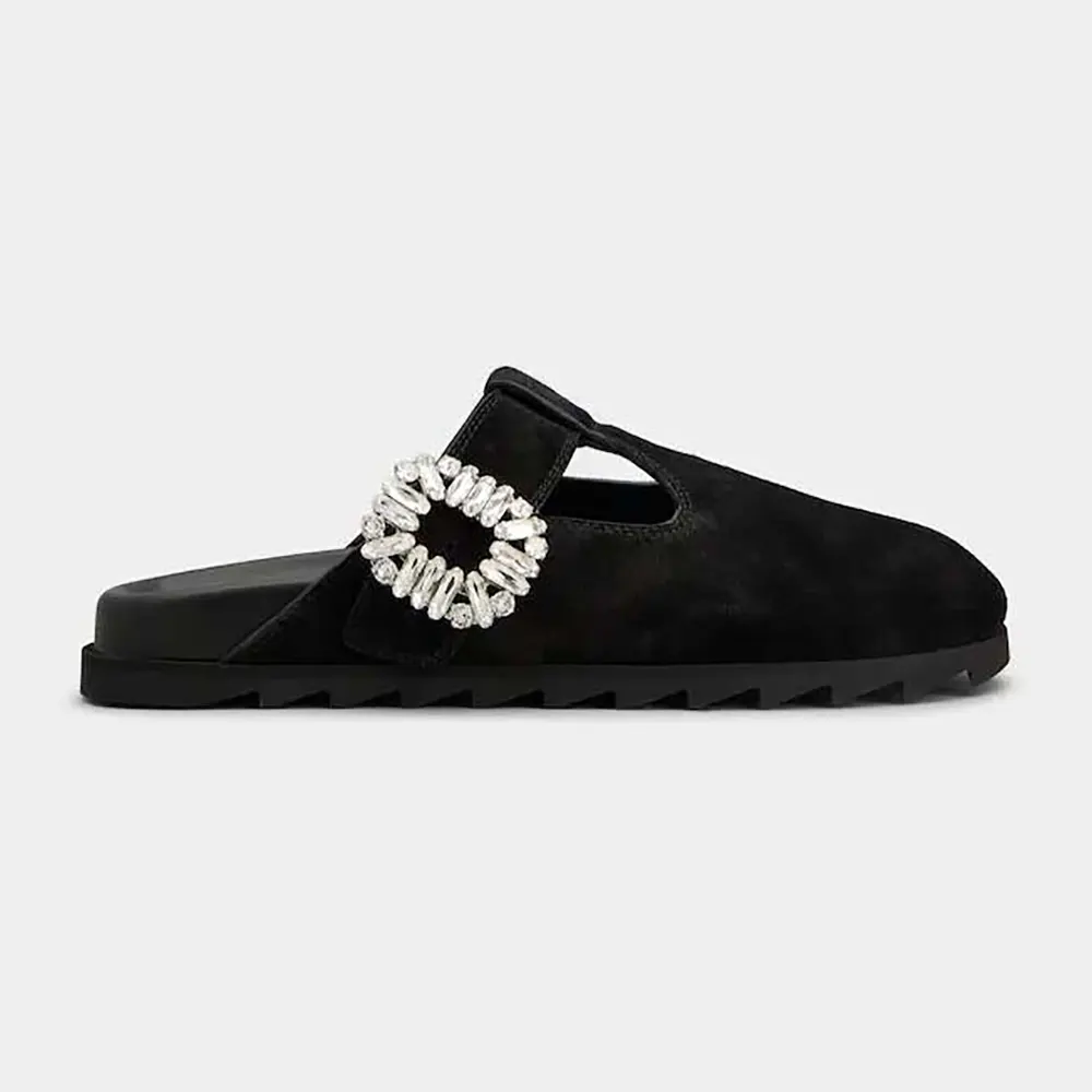 Side view of Roger Vivier Women Slidy Viv’ Mules in Suede-Black