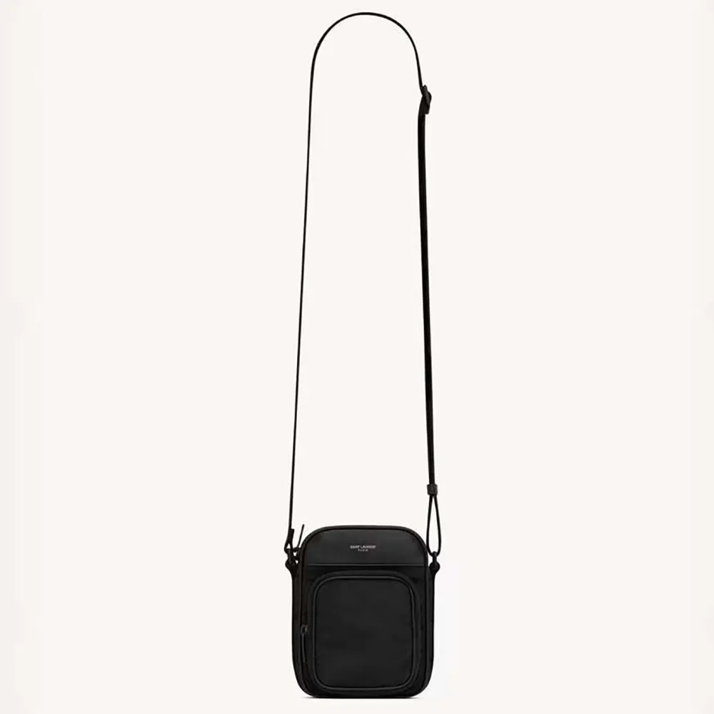 Front view of Saint Laurent YSL Unisex City Saint Laurent mini Camera Bag in black nylon